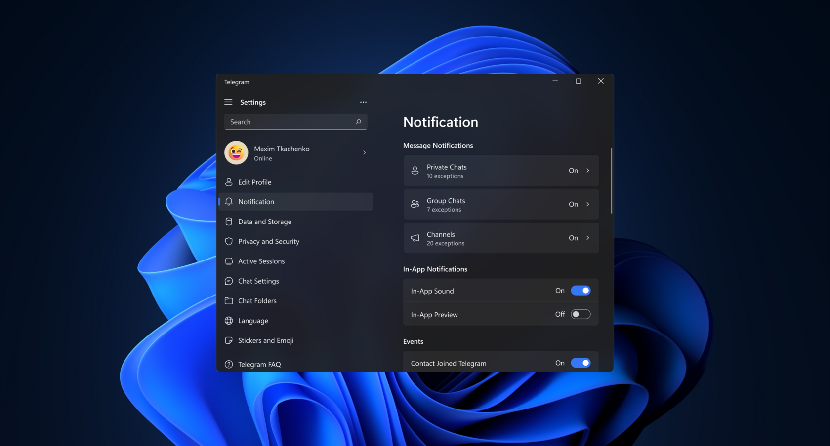 Экран Telegram для Windows